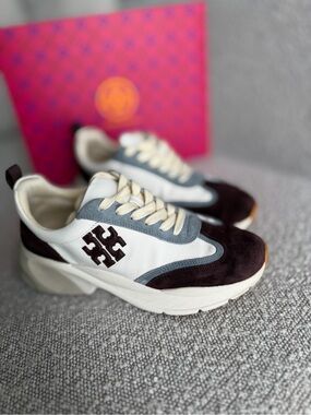 Tory Burch White, Gray, and Brown Suede-Accent Sneaker